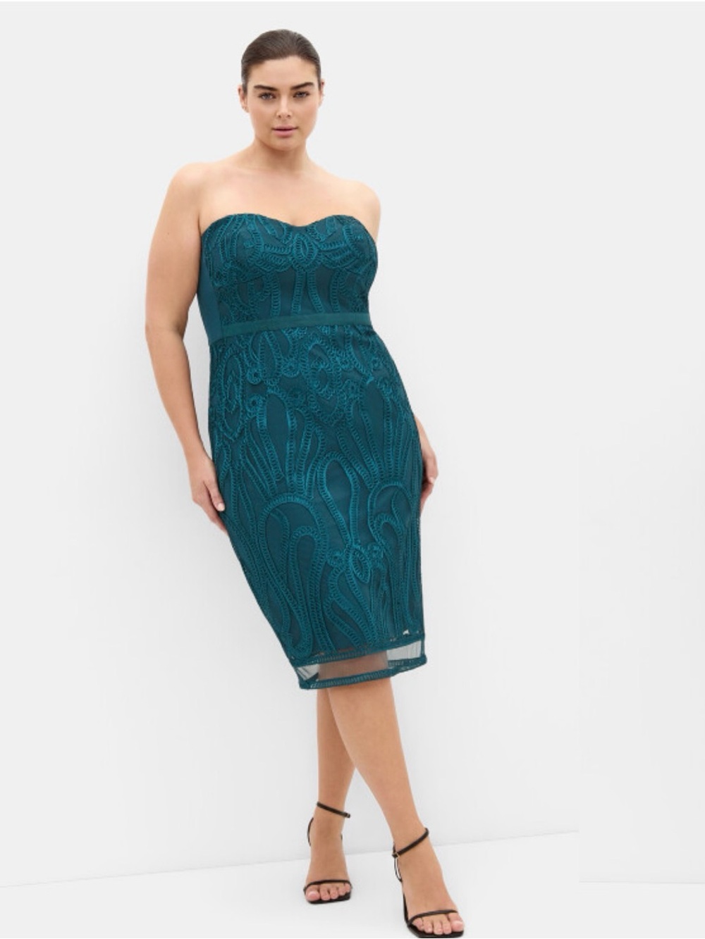 City Chic Strapless Teal Lace-Overlay Midi Dress